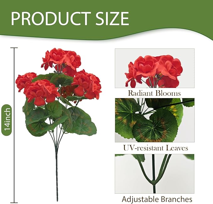 Fake Outdoor Flowers, Artificial Flowers For Outdoors, Red Artificial Geraniums Plastic Flowers, Fake Plant For Outside, Silk Faux Flowers For Outdoor Planters UV Resistant For Front Porch（4 Pcs)