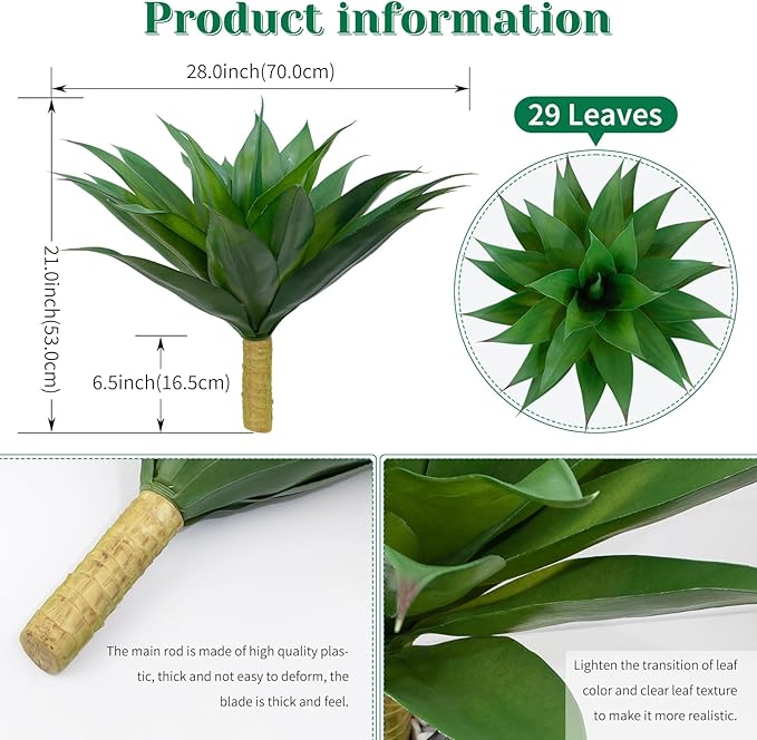 2 Pack Artificial Agave Plants 28 Inch Large Size Faux Succulent Stems Outdoor Decorating Realistic UV Resistant Tropical Plant Plantas Artificiales Decorativas Grandes - 29 Leaves, Dark Green