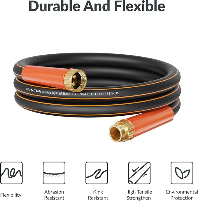 Giraffe Tools Garden Hose 100ft x 3/4",Heavy Duty Rubber Hose,No Kink,Flexible,Hybrid Hose with Male/Female for Cleaning & Washing，1465PSI，Black
