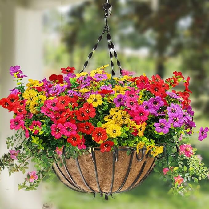 Plastic Flowers for Outdoors, 16 Bundles Fake Outdoor Artificial Flowers for Outdoors UV Resistant, Fake Plants Artificial Plants Outdoor Plastic Plants, Silk Faux Spring Flowers for Outside