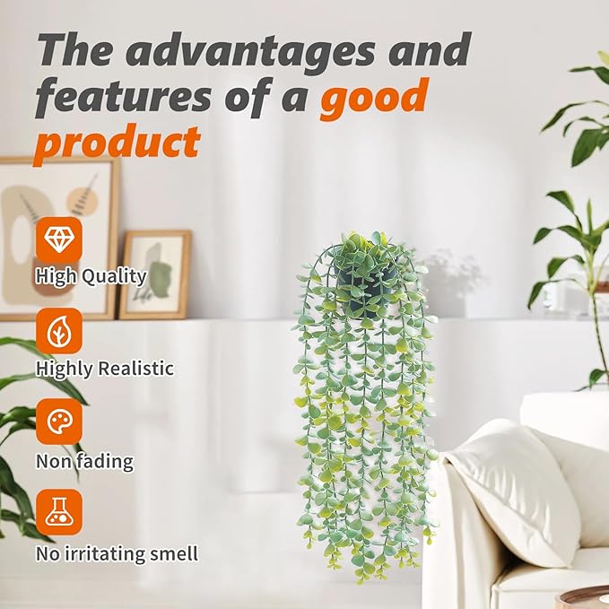 Freyalife 1Pcs Fake Plants Eucalyptus,Artificial Potted Faux Hanging Plants for Vintage Boho Home Living Bedroom Kitchen Farmhouse Bathroom Office Desk Book Shelf Wall Room Accessories Decor Indoor