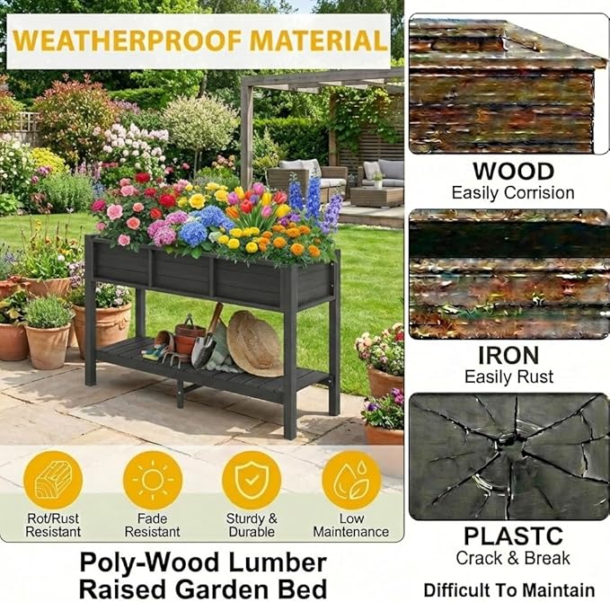 DWVO 48x18x30in Raised Garden Bed Kit, HDPE Planter Box Stand, Poly Wood Weather-Resistant Planter Box with Legs & Storage Shelf, Elevated Garden Bed for Backyard, Patio, Balcony,Black