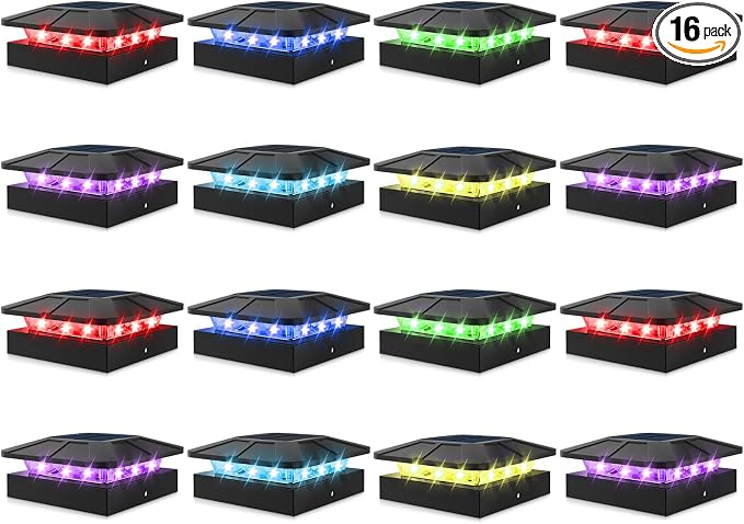 Peasur 4x4 Solar Post Cap Lights RGB Color Changing, 16 Pack Outdoor LED Fence Light Solar Powered Waterproof, Wood/Vinyl Posts Top Lighting for Outside Deck Yard Garden Patio
