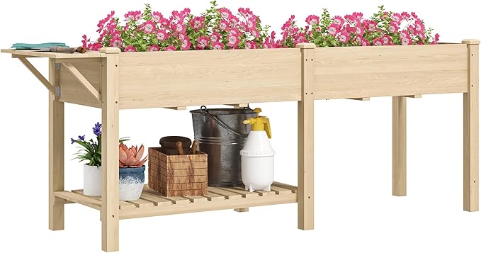 Outsunny Raised Garden Bed, Wood Elevated Planter Box with Side Table, Bottom Shelf, Outdoor Raised Planter with Bed Liners, Drainage Holes for Vegetable Flower, 81.5 x 23 x 31 in, Natural