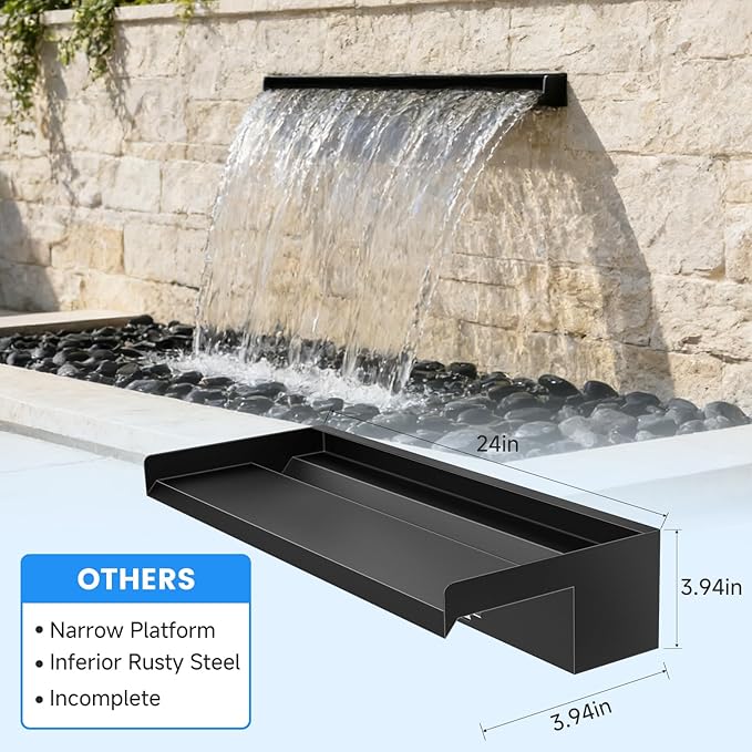 POPOSOAP 24 Inch Pond Waterfall Spillway Kit, RGB Multi-Color LED Lights Pond Waterfall with 1200GPH Pond Pump & 304 Stainless Steel, APP/Remote Control for Pond Garden Fish Tank Water Features-P46DC