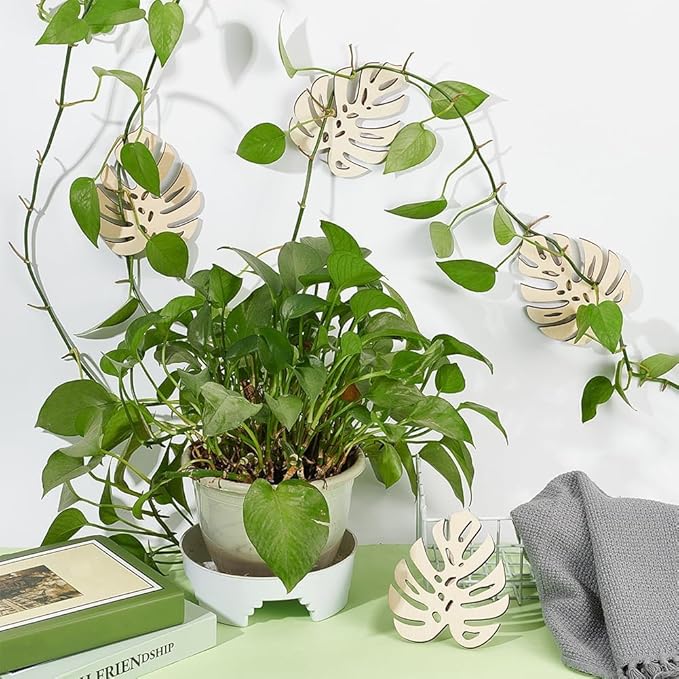 FINGERINSPIRE 4Pcs Wall Vine Holder Wooden Monstera Leaf Wall Mount for Climbing Plants 4.3x5.3inch Floral White Plant Wall Fixtures Wooden Leaf Trellises for Vines Houseplant Home Office Decoration