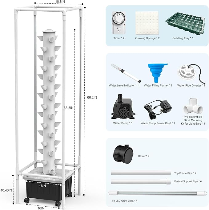 JESLED Hydroponic Tower with 5000K Full-Spectrum Grow Lights, Dual Timers for Auto Watering & Lighting, Hydroponics Growing System with 20L Water Tank, High 66.2", Home Indoor Garden
