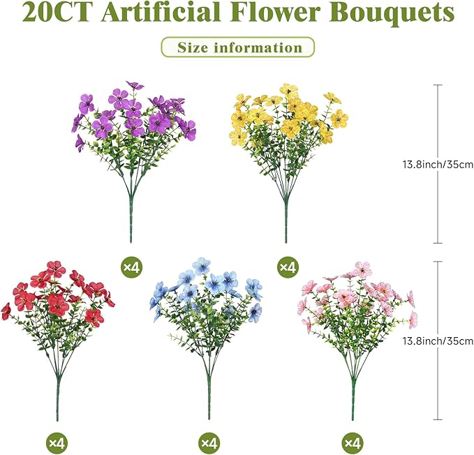 Alupssuc 20 Bundles Artificial Flowers for Outdoor Indoor Decoration, UV Resistant No Fade Fake Plants Eucalyptus, Colorful Faux Spring Flowers for Outside Yard Porch Patio Garden Home Window Box