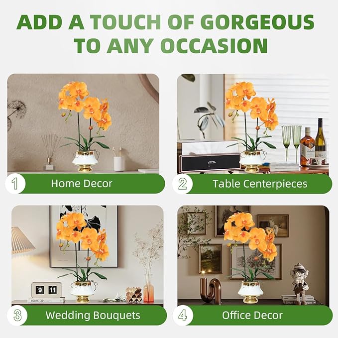 CXGS Orchids Artificial Flowers Realistic Fake Flowers in Ceramic Vase 20" Orange Faux Plants Indoor Lifelike Soft PU Phalaenopsis for Centerpiece Hotel Home Decor