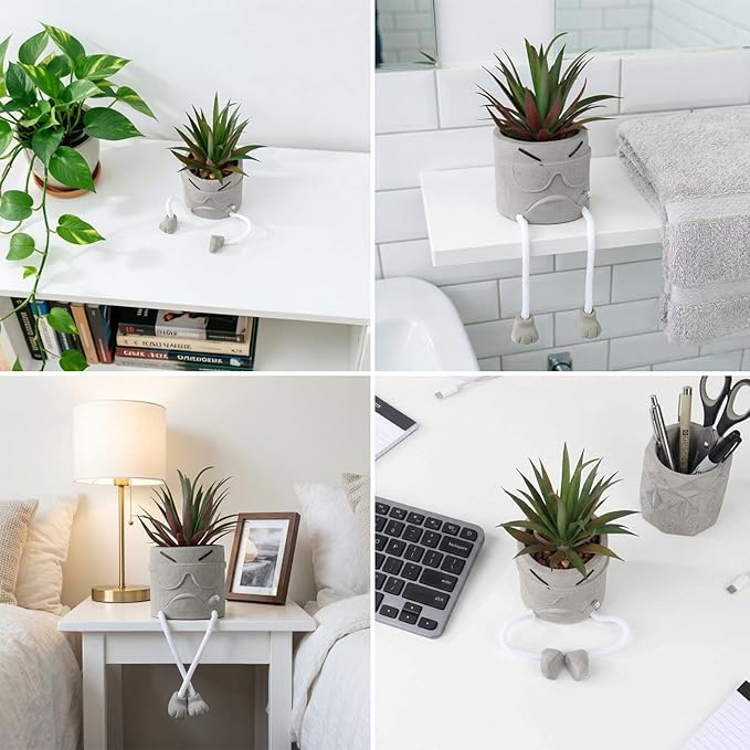 Zerzsy Succulents Plants Artificial in Cement Pots with Hanging Leg, Small Fake Plant Kitchen Shelves Decor, Cute Office Decor Faux Succulents, Succulent Pots for Desk Shelf Decorations