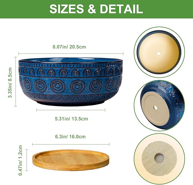 Eightpot Bonsai Pots 8 Inch - Ceramic Succulent Pots for Indoor Plants, Shallow Round Planters with Drainage Hole and Saucer, Boho Bonsai Bowl, Home Decor, Blue