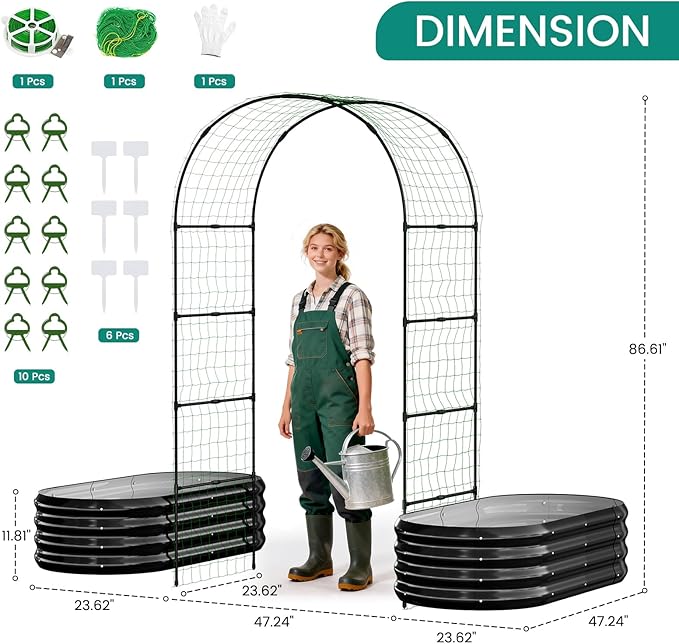 DoCred 3 in 1 Galvanized Raised Garden Bed, 2Pcs Garden Planter Box with 87" H Trellis for Climbing Plants, Outdoor Gardening Raised Beds with Climbing Net for Fruits, Vegetables, Flower (Black)