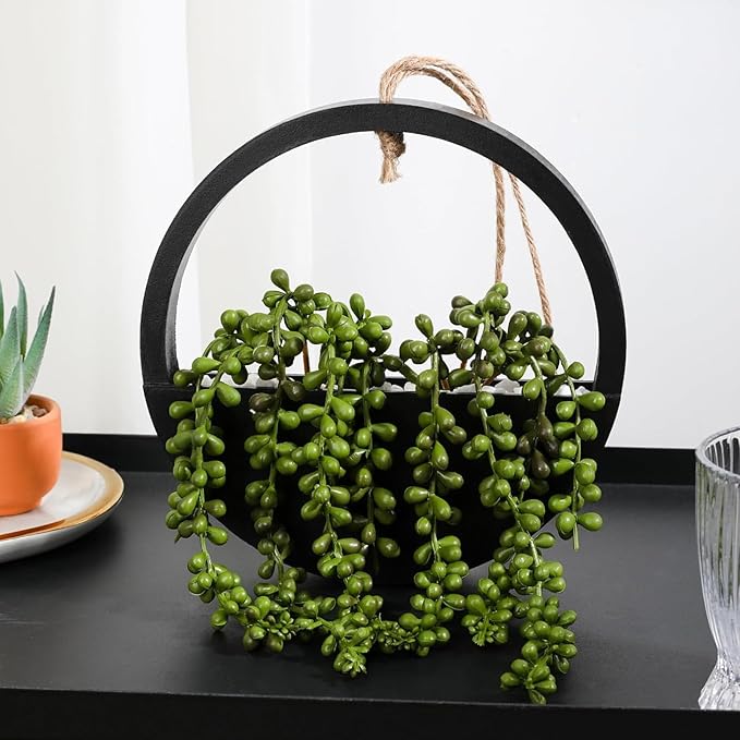 Artificial Hanging Plants Hanging Planter Fake Succulents Artificial String of Pearls with Pot and Lanyard for Home Office Wall Decoration