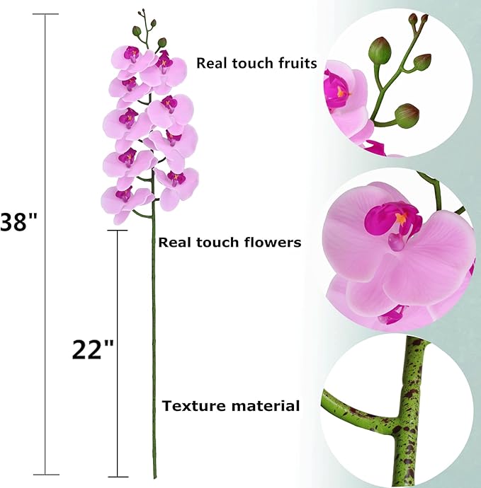 Htmeing 38 Inch Artificial Phalaenopsis Flowers Branches Real Touch (Not Silk) Orchids Flowers for Home Office Wedding Decoration,Pack of 2 (Pink)