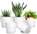 Meowell 7 inch Plant Pots for Indoor Outdoor Plants, 5 Pack Thick Nursery Pots with Drainage Holes and Saucers, 3D Modern Wave Texture Plastic Planter Pots for Flowers and House Plants, White