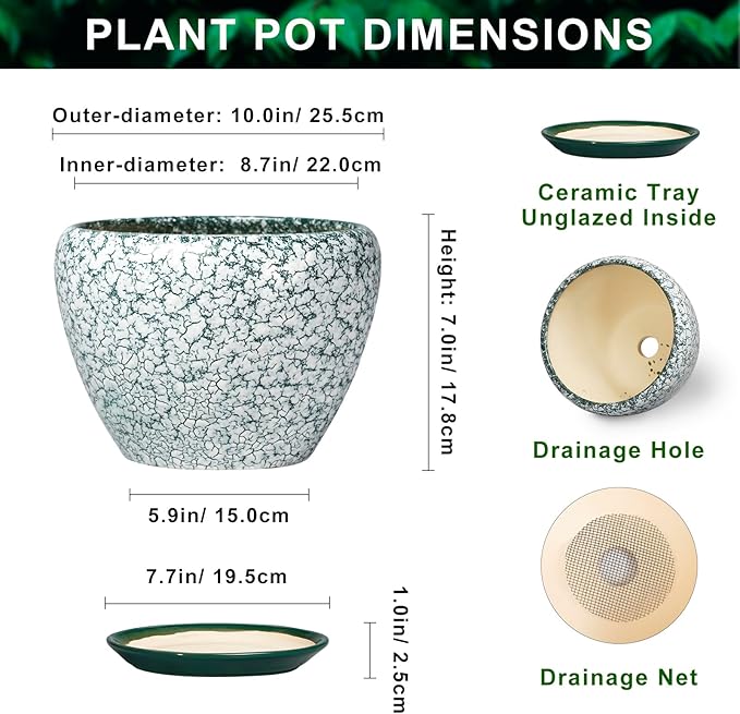 10 Inch Flower Pots Indoor - Ceramic Planter with Drainage Hole and Saucer, Large Flower Pots for Indoor Outdoor Plants, Round Modern Planter, Garden Decor, Plant Lover Gifts, Crackle Green