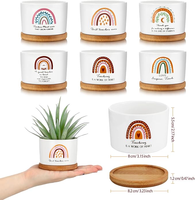 Sieral 6 Pcs Teacher Appreciation Gift Bamboo Pot Mini Ceramic Succulent Planter Pots with Bamboo Tray Gardening with Drainage Hole Thank You Gifts for Women Men Birthday Gift for Teacher