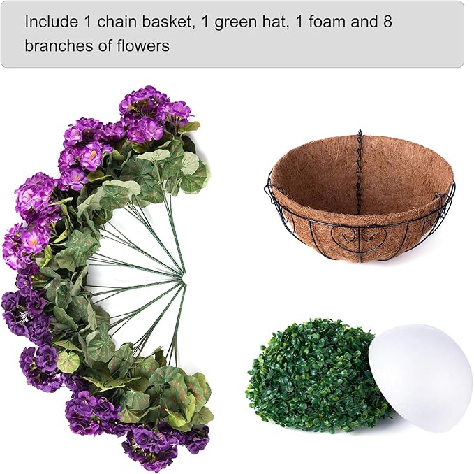 INSPRING Geraniums Artificial Flowers Hanging Basket for Outdoors Outside Spring Decoration, 8 Bundles Silk Flowers Fake Plants Look Real UV Resistant for Porch Home Patio Balcony Yard, Double Purple