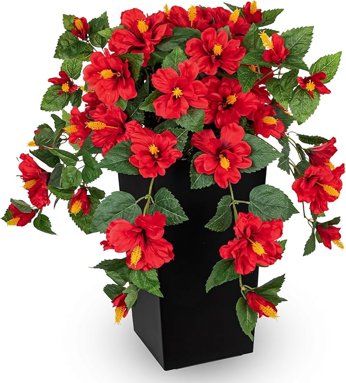 Briful 27.5" Artificial Hibiscus Plant in Tall Black Planter, Large Faux Tropical Flower Arrangement for Front Door Porch Patio Balcony Outdoor Indoor Decoration, UV Resistant Fake Red Hibiscus Tree
