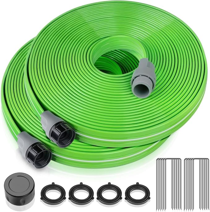 Heavy Duty Sprinkler Soaker Hose 100 FT, Flat Garden Hose with Holes, Efficient Flexible Irrigation Hose for Yard, Lawn and Garden, Includes Stakes (50FT x 2Pack)