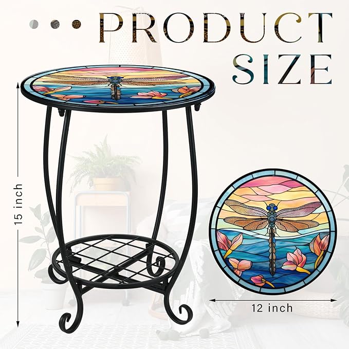 Outdoor Side Table Round Small Mosaic Patio Accent Indoor End Plant Coffee Tea Table for Yard Patio Porch Garden Living Room, Bedroom(Dragonfly Style,12 Inch)
