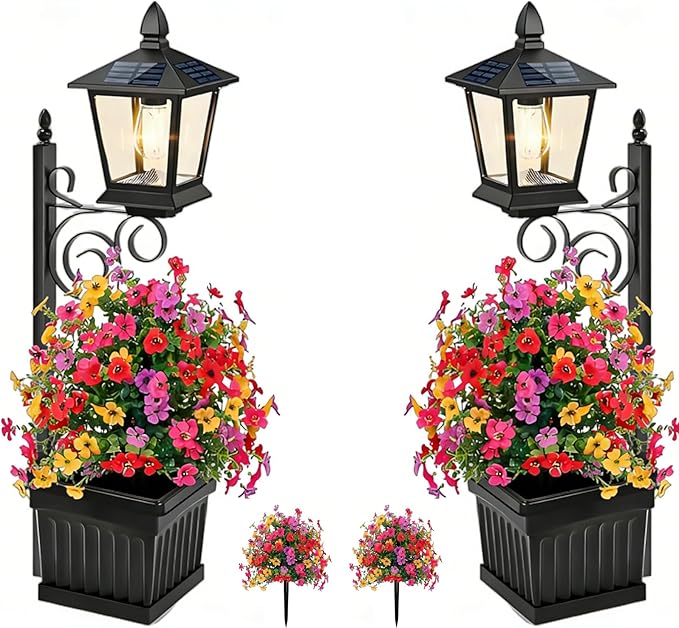 Solar Pathway Lights with Planter, 2-in-1 Outdoor Solar Lamp Post Light with Planter and Artificial Flowers, 27/35inch Outdoor Planters with Lights for Lawn,Patio,Yard & Pathway Decor (35in(Large)*2)