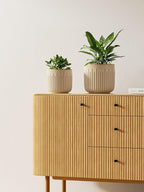 LE TAUCI Ceramic Pots for Plants, 8.3/7/6 Inch Indoor Planters with Drainage Holes & Mesh, Modern Glossy Glaze Cylinder Fluted Plant Pot for Snake Plant, Set of 3, Sand Beige
