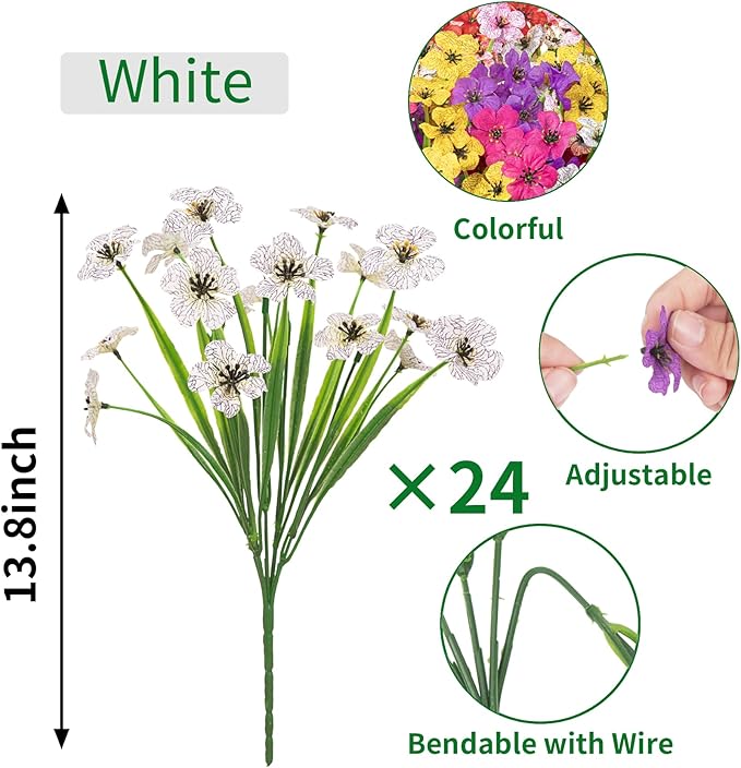 Roberly 24 Bundles Artificial Flowers for Outdoors UV Resistant Silk Fake Flowers Faux Plastic Plants for Porch Garden Window Box Indoor Outdoor Spring Summer Home Farmhouse Decor, White