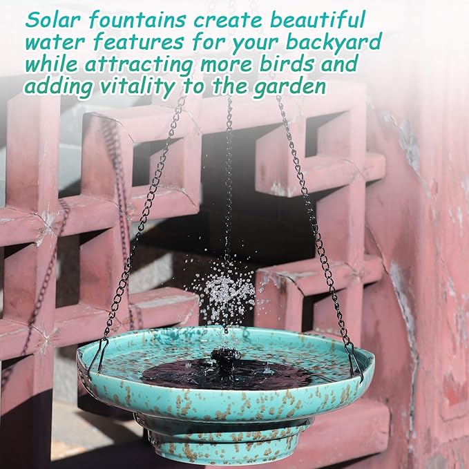Solar Fountain Ceramic Hanging Bird Bath,Bird Bath for Outside,Outdoor Fountain Bird Bath,Garden and Home Decor