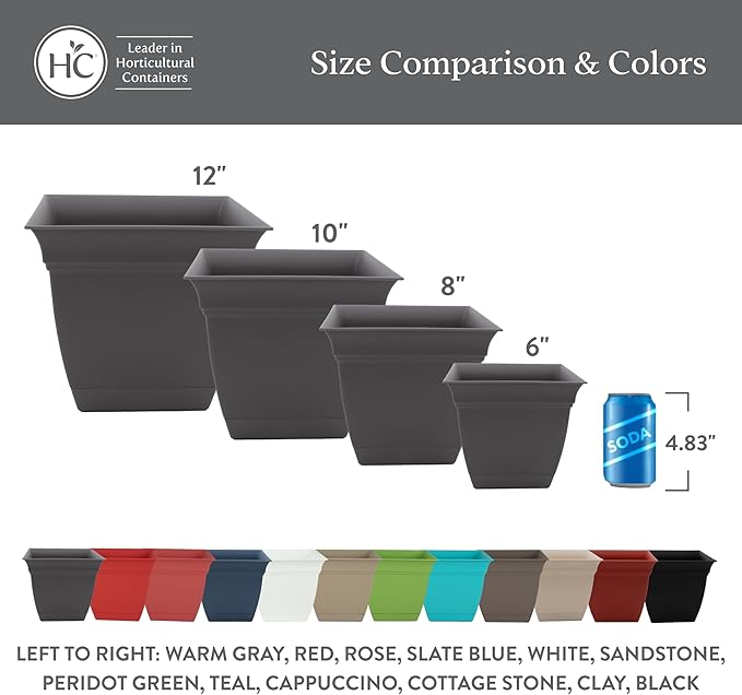 The HC Companies Eclipse Square Plastic Planter w/Attached Saucer - Outdoor & Indoor Plant Pot with Drainage Holes - Lightweight, UV-Resistant Plastic Pots for Plants (8" Rose, Pack of 1)