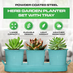 Plexon Herb Planter Indoor Garden Set of 3 with Tray, Metal Herb Pots for Indoor Plants, Round Kitchen Garden Kit Ideal for Windowsill Planter or Countertop, Aqua Mist Blue Powder Coated
