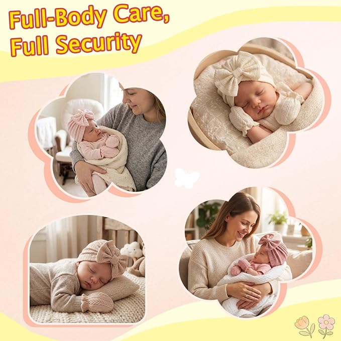 8 Sets Newborn Baby Girl Hats & Mittens, Cotton Preemie Hospital Bow Cap, No Scratch Gloves,Infant Beanies 0-3 Months
