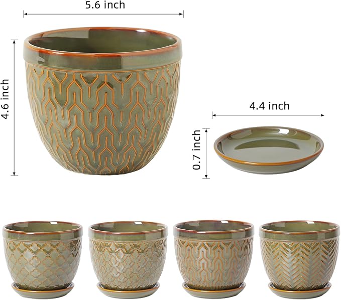 Sureasy Ceramic Indoor Plant Pots, 5.6 Inch Flower Pots for Plants with Drainage Hole and Saucer, Embossed Planter for Succulents, Orchid, Cactus, Indoor Home Decor, Set of 4, Green