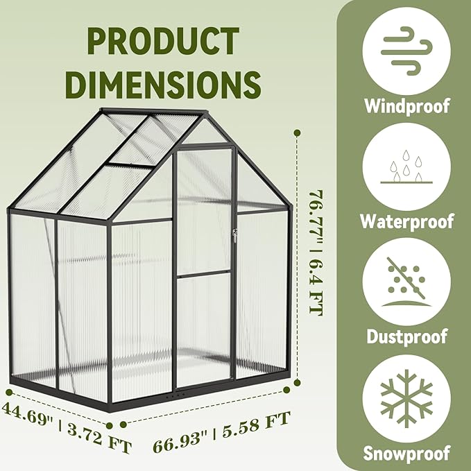 6x4 FT Polycarbonate Greenhouse with Hygrometer, Easy Setup Small Greenhouse for Outdoors Plant Gardening, Heavy Duty Green House Outside with Aluminum Frame Lockable Door & Vented Roof Window