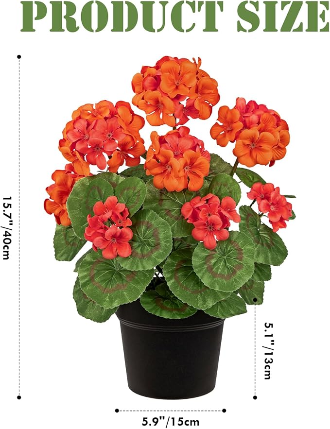 Briful 15.7in Artificial Geranium Plant in Black Pot, Orange Faux Potted Flowers, Real Touch Geraniums for Indoor Outdoor Decor, Table Centerpiece Farmhouse Home, Office, Porch & Living Room Decor