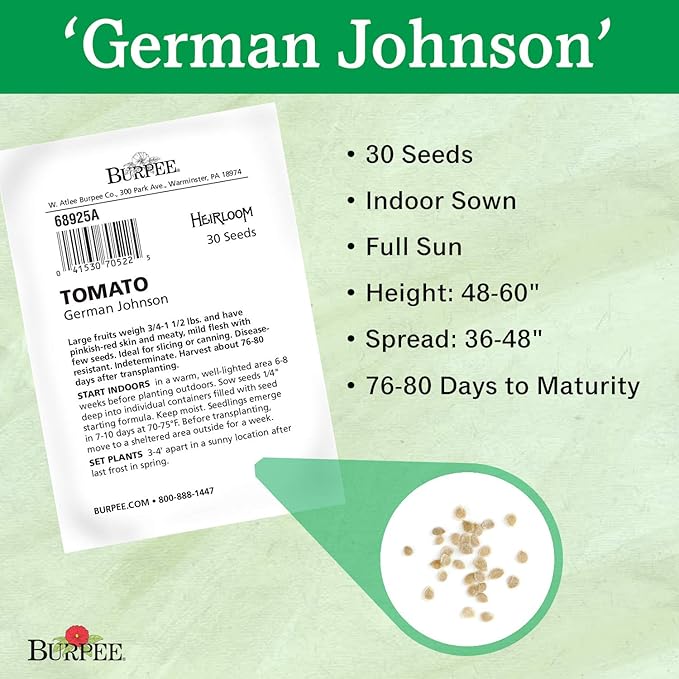 Burpee 'German Johnson' Heirloom, Large Pink Beefsteak Slicing Tomato, 30 Non-GMO Seeds