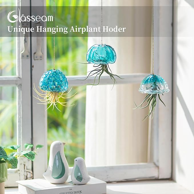 Glasseam Hanging Air Plant Holder: 3Pcs Glass Jellyfish Air Plant Hanger with Jute Ropes for Tillandsia Succulent Houseplants - Cute Airplant Display Container for Indoor Home Decor
