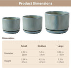 Green Ceramic Plant Pots Set of 3, 4.3+5.5+6.7 Inch Indoor Flower Pots with Drainage Hole & Saucer & Hole Mesh Pads, Striped Decorative Planter Set for Indoor Plants, Gardening Pots & Accessories