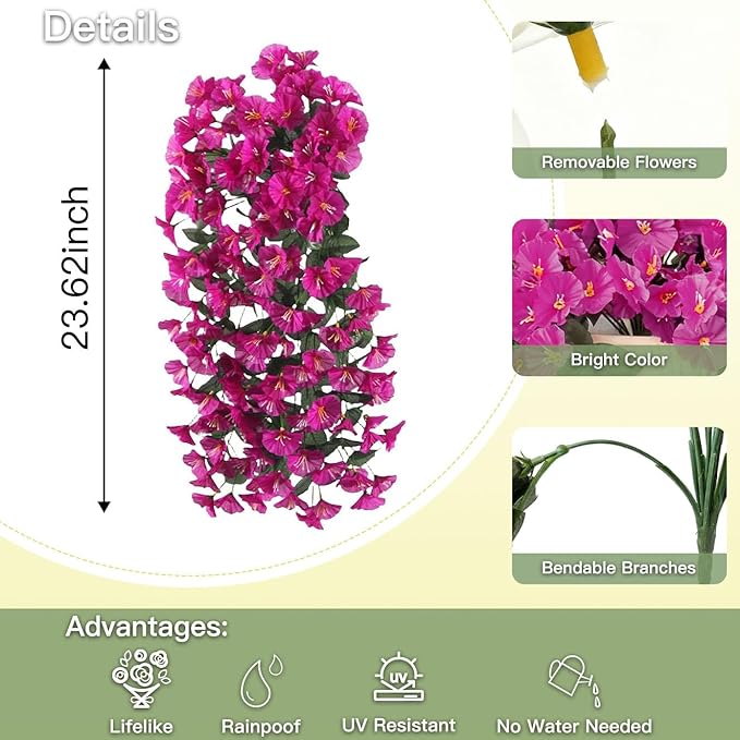 Artificial Flowers for Outdoors Fake Fuchsia Morning Glory Hanging Flower Decoration, 2Pcs Realistic Faux Plants Petunias Long Trailing Vines,Spring Decor for Porch Patio Balcony Planter Yard