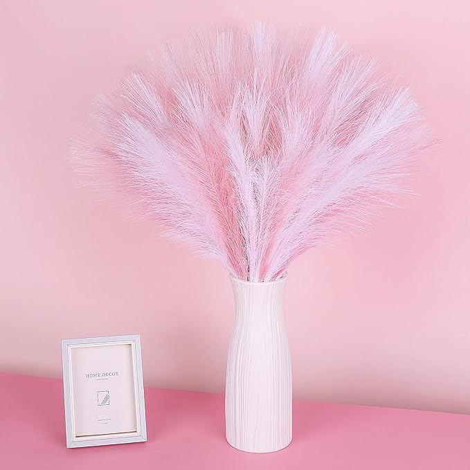 SeptCat 60 Pcs Pampas Grass Pink White Decor 21.7" Fluffy Faux Short Pampas Grass Artificial Small Pompas Grass Flower Vase Filler for Home Wedding Decoration