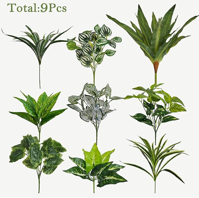 Artificial Plants for Outdoors Faux Greenery Leaves UV Resistant Realistic Plastic Large Bunches Shrubs Bushes with Stems, Fake Plants Decor Outdoor for Front Porch Door Patio Garden Yard, 9Pcs
