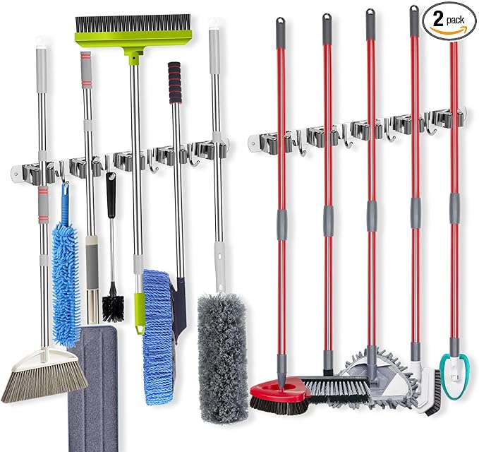 voze [2 Pack] 5 Racks and 4 Hooks Mop and Broom Holder Wall Mount, Self Adhesive Heavy Duty Broom Organizer Storage Tool Racks for Kitchen Garden Laundry Garage, 304 Stainless Steel, Silver