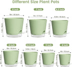 Meowell Self Watering Pots Set of 7 – Assorted Size 4" to 8" Indoor Plant Pots with Drainage Holes and Clear Reservoir for Visible Water Level, Plastic Wicking Planter for House Plants & Flower, Green
