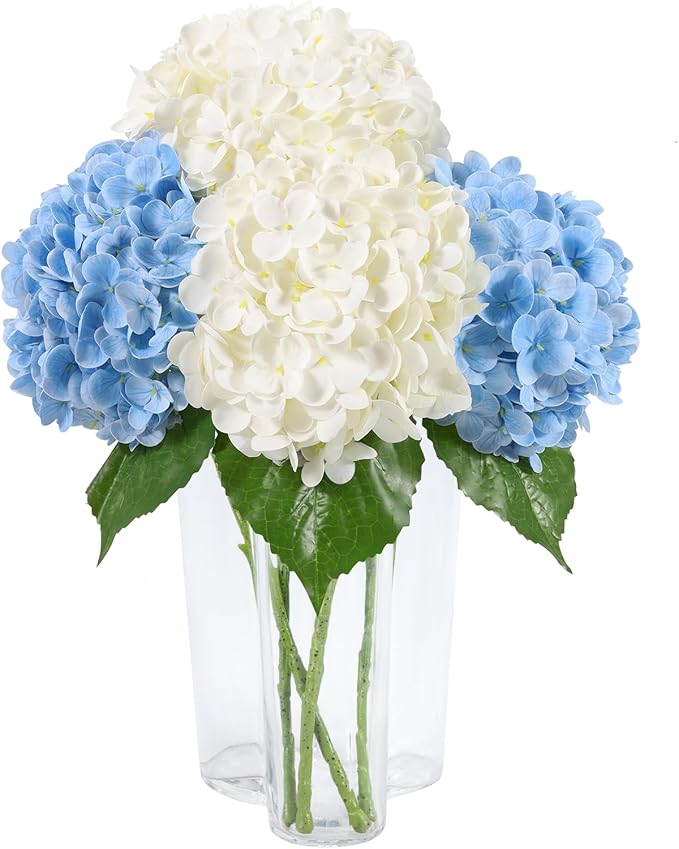 DuHouse 4Pcs Large Hydrangea Artificial Flowers,20 inch Latex Real Touch Hydrangeas for Home Wedding Bouquets Centerpieces Party Living Room Decoration(2Pcs Blue+2Pcs White)