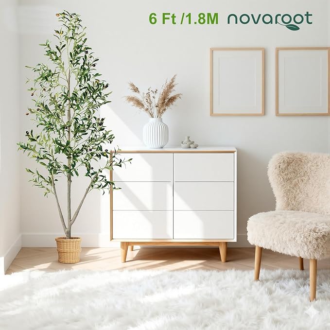 Olive Trees Artificial Indoor, 6FT Tall Faux Olive Tree with Light Kit Moss and Planter, Faux Plants Indoor with Natural Wood Trunk and Lifelike Fruits, Fake Tree for Home Office Living Room Decor