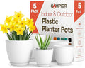 Campior Plastic Plant Pots with Drainage - Home Decor Flower Pot, Stackable Design for Indoor and Outdoor Use, Lightweight and Sturdy, Space-Saving, (7”, 6.6”, 6”, 5.3”, 4.8” Inches), Pack of 5, White