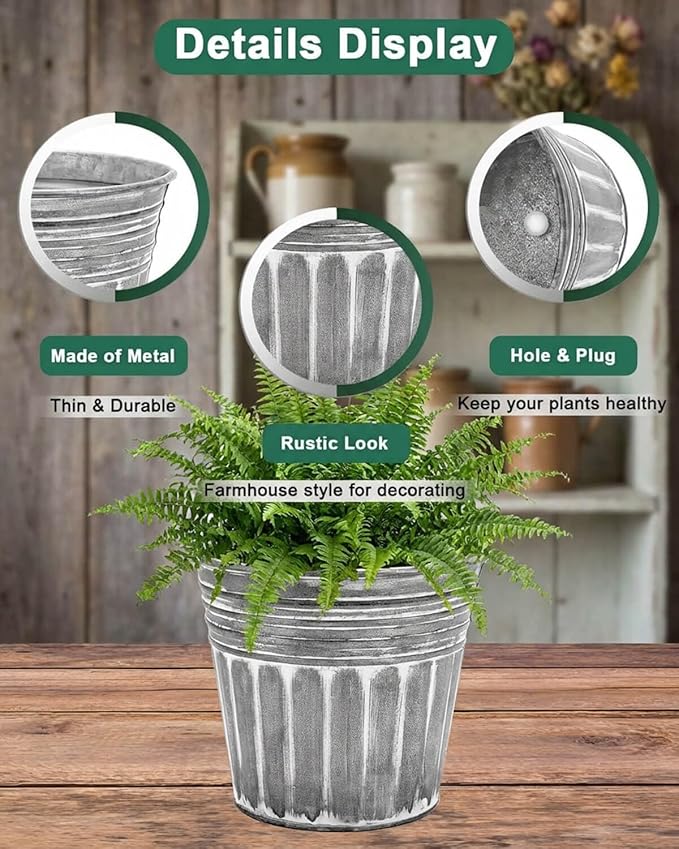 vensovo 11 Inches Silver Metal Rustic Plant Pots - 3 Pcs Large Galvanized Planters with Drain Hole and Rubber Plug, Rustproof Tin Bucket Flowerpot for Indoor Plants Farmhouse Vintage Style for Decor