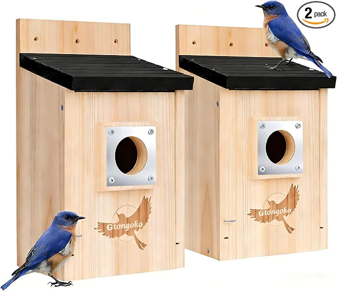 2 Pack Bird Houses for Outside, Bluebird Nesting Box with Metal Predator Guard, 1-1/2" Entrance Hole Wooden Birdhouse Kit for Bluebird Chickadees, Swallows & Finches, Assembly Required