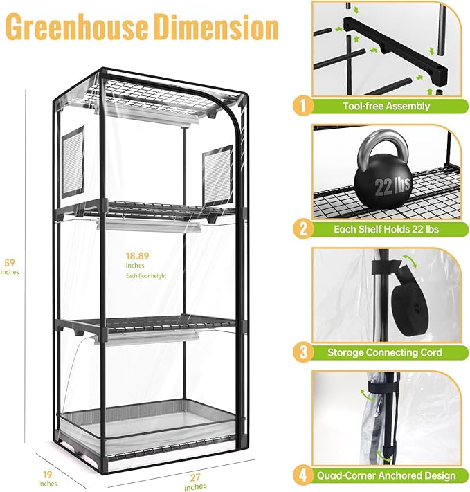 Indoor Greenhouse with Grow Light, 4-Tier Plant Stand with Zippered PVC Tent, Ventilation Window, Bottom Pouch, 20W Full Spectrum Plant Light with Timer for Seed Starting, 27"L x 19"W x 59"H