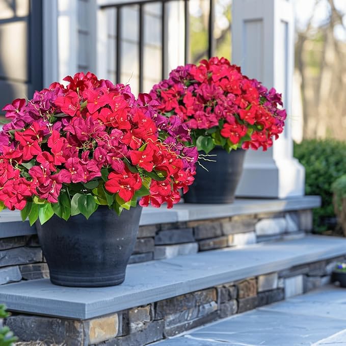 Artificial Bougainvillea Spring Flowers Faux Plants for Outdoors, Fake UV Resistant Look Real Silk Colorful Greenery for Outside Porch Planters Patio Summer Decoration, 8 Bundles
